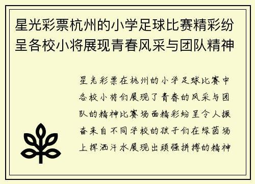 星光彩票杭州的小学足球比赛精彩纷呈各校小将展现青春风采与团队精神