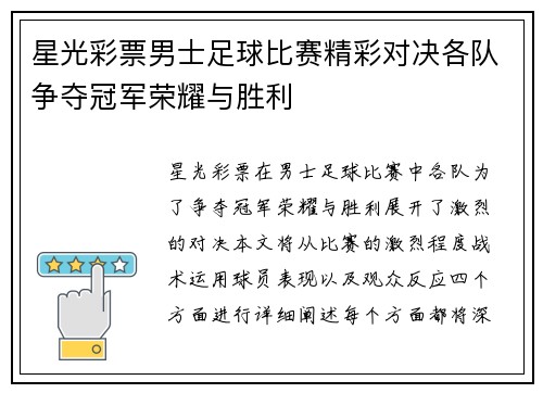 星光彩票男士足球比赛精彩对决各队争夺冠军荣耀与胜利