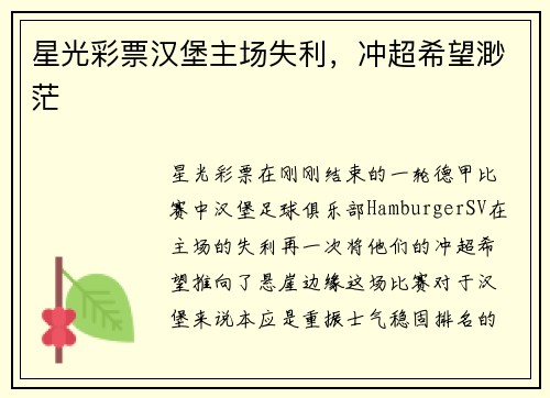 星光彩票汉堡主场失利，冲超希望渺茫