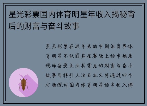 星光彩票国内体育明星年收入揭秘背后的财富与奋斗故事
