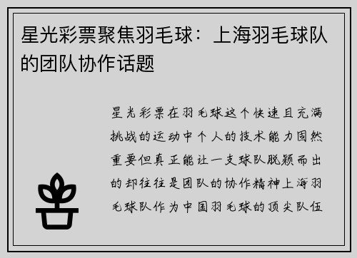 星光彩票聚焦羽毛球：上海羽毛球队的团队协作话题