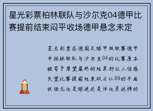 星光彩票柏林联队与沙尔克04德甲比赛提前结束闷平收场德甲悬念未定