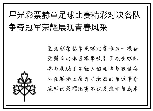 星光彩票赫章足球比赛精彩对决各队争夺冠军荣耀展现青春风采