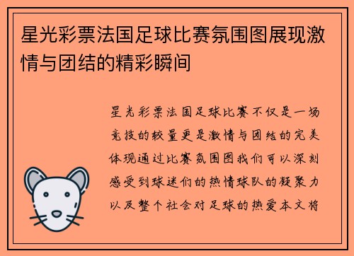 星光彩票法国足球比赛氛围图展现激情与团结的精彩瞬间