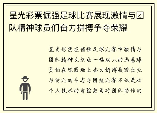 星光彩票倔强足球比赛展现激情与团队精神球员们奋力拼搏争夺荣耀